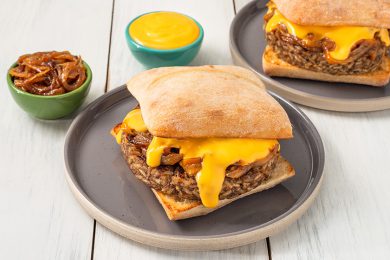 vegan mushroom burger with cheese sauce